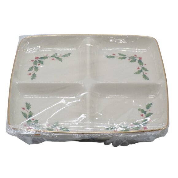 Lenox Holiday 4-Section Divided Square Server Dish Holly Berry Gold Trim 9.25" - Picture 6 of 7